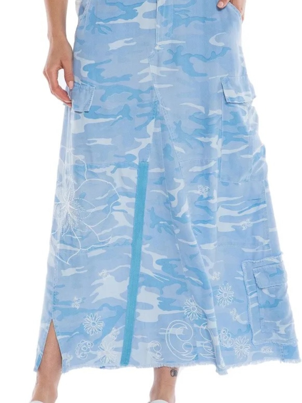 Da-Nang Light Blue Camouflage Floral silk Maxi Skirt